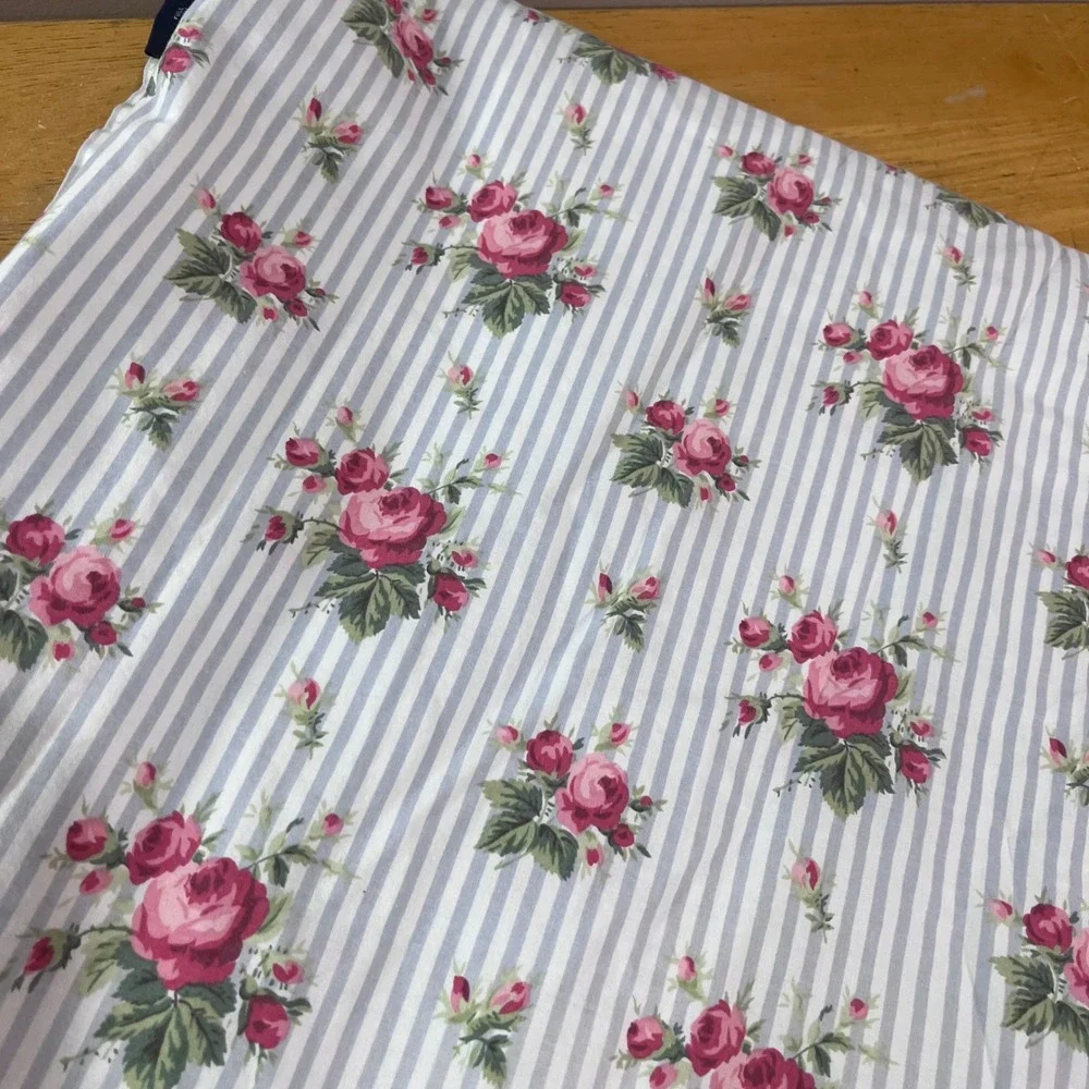 Vtg Ralph Lauren Emma Blue Floral Rose Ticking Stripe Ruffle Full Flat Sheet USA
